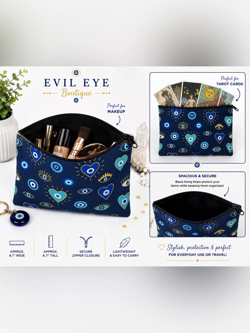 🧿🦋Navy Evil Eye Print Zip Pouch